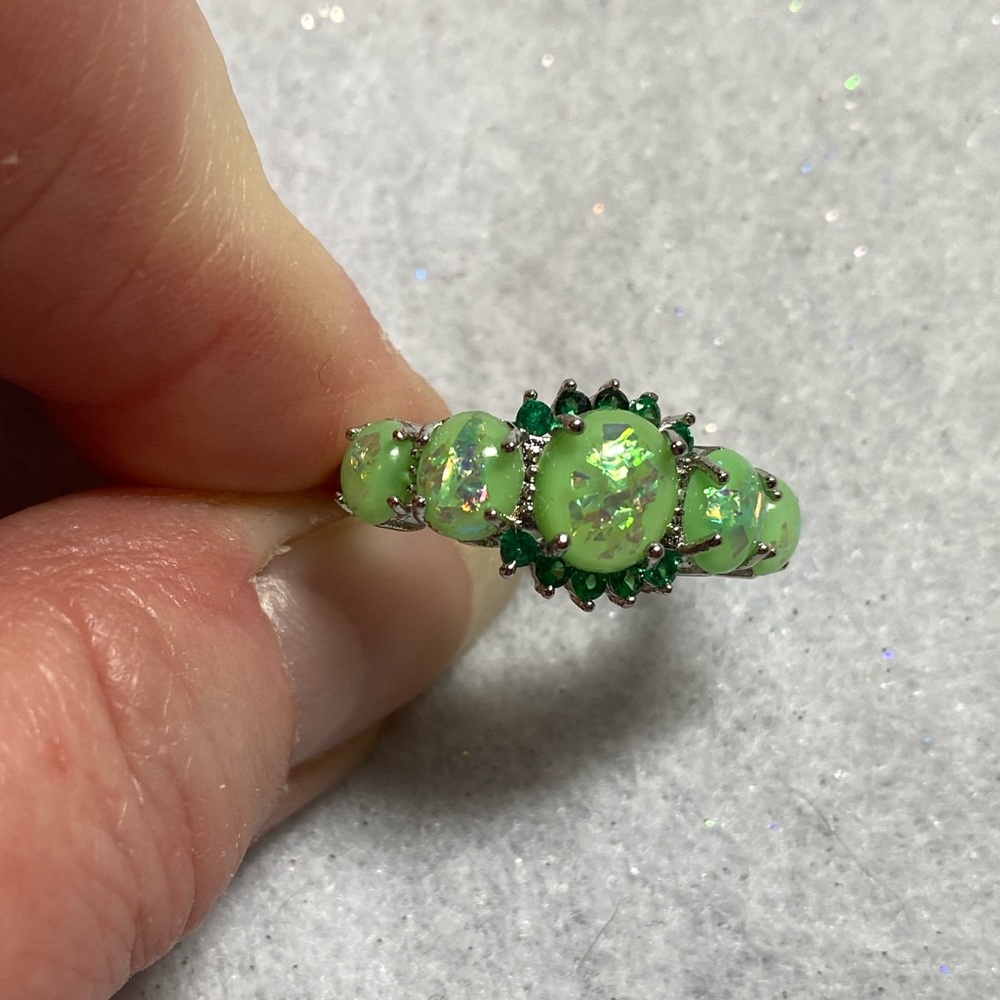 Green Fire Opal with Emeralds set in sterling silver ring